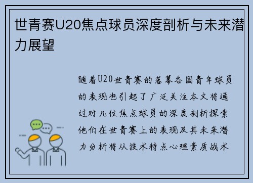 世青赛U20焦点球员深度剖析与未来潜力展望