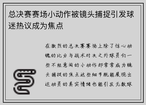 总决赛赛场小动作被镜头捕捉引发球迷热议成为焦点